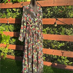 Black Floral Sheer Long Sleeve Maxi Dress with Red & Green Print
